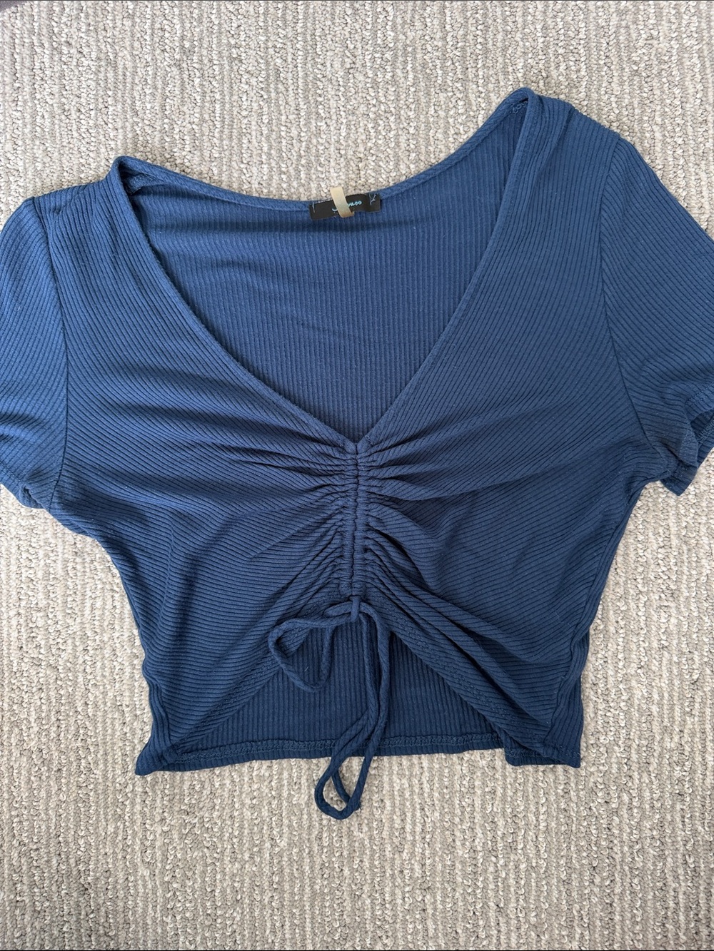 Soprano Navy Blue Ruched Drawstring Crop Top